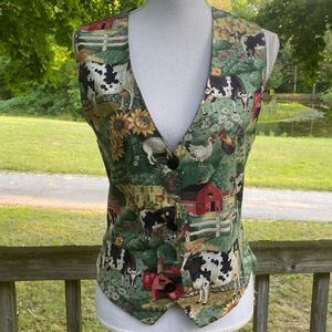 Linda Tilson Wm’s Sz Small Cotton Barnyard Farm Cows Pigs Design Vest Vintage